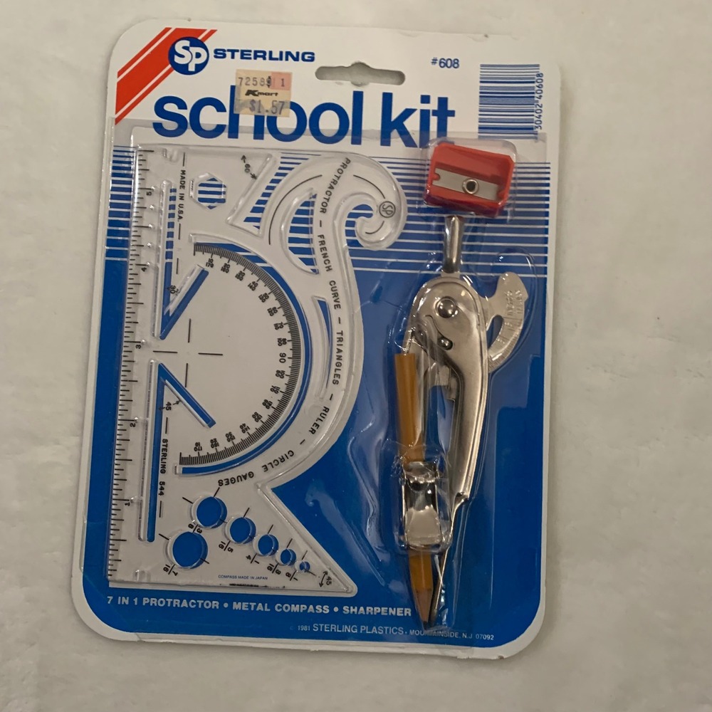 Sterling School Kit 7 in 1 Protractor Metal‎ Compass Sharpener New Vintage NOS
